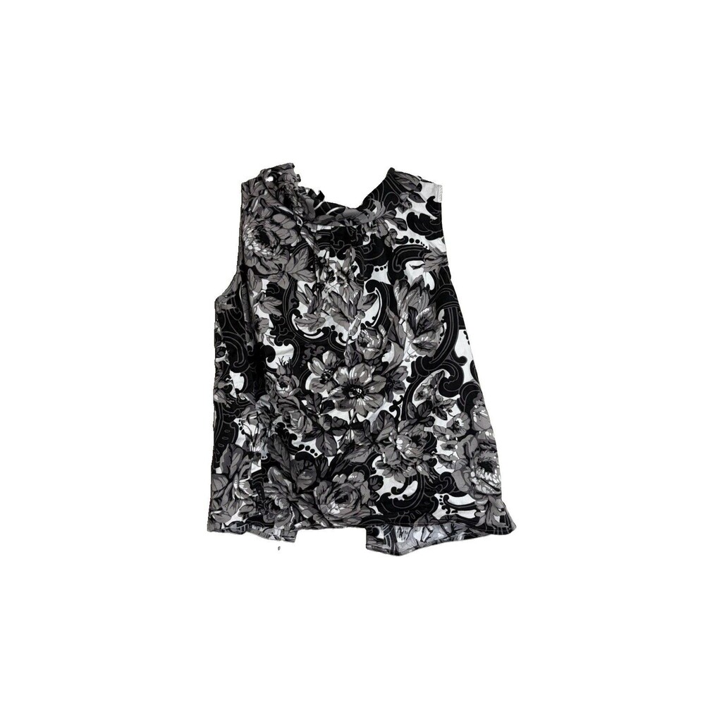 Talbots Women's Sz 12 Petite Black White Floral Collared Button Back Tank Shirt